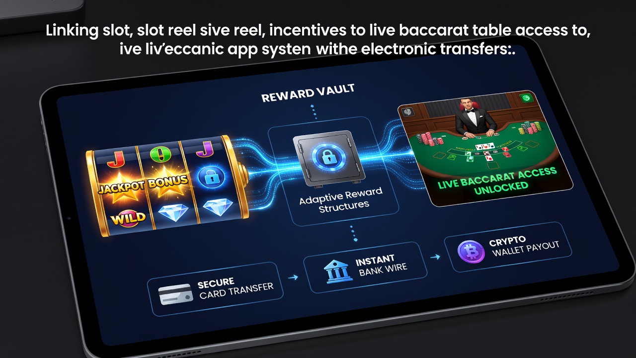 Mobile app interface showing slot reel incentives transitioning to live baccarat table access via electronic transfers