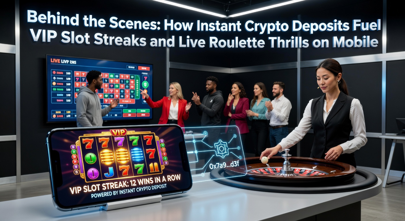 VIP player on mobile device making instant crypto deposit during a slot streak, with roulette table in background
