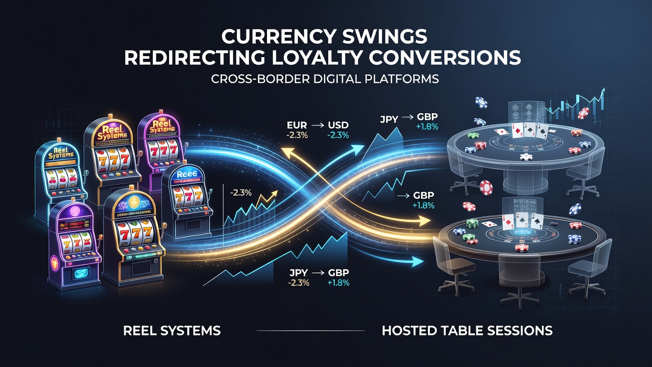 Digital interface showing currency conversion impacts on loyalty points between slot reels and live table sessions