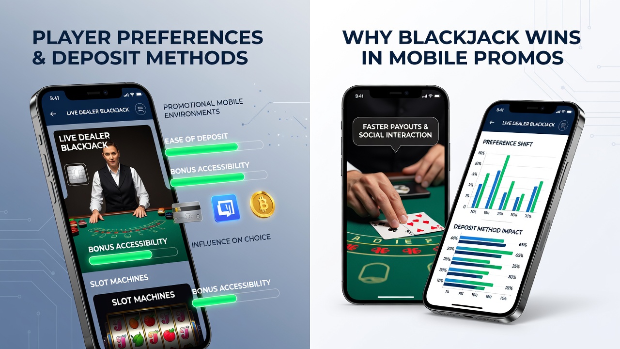 Mobile casino interface showing deposit options alongside live dealer blackjack and slot machine selections