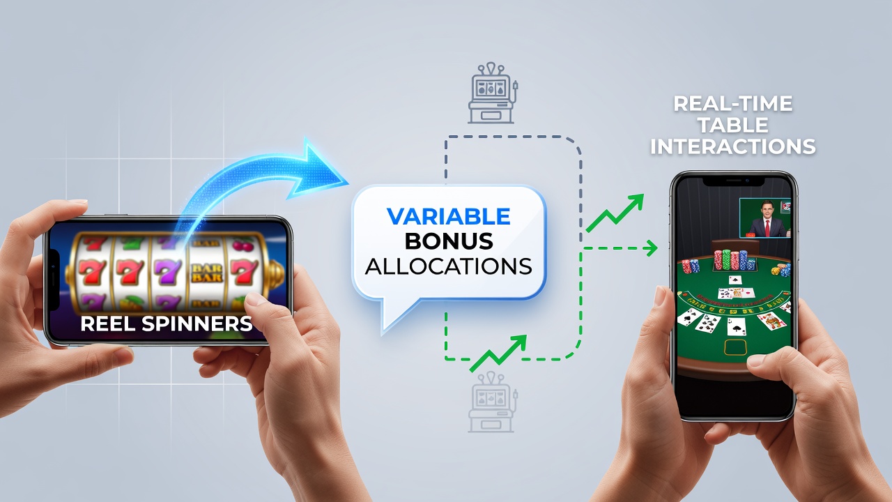 Handheld device displaying variable bonus allocations shifting play from slot reels to live dealer tables