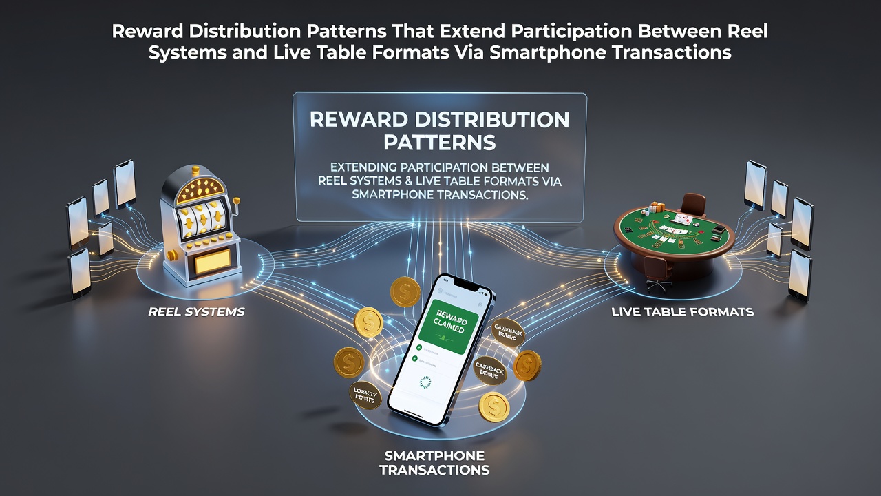 Smartphone screen showing reward points transferring between slot reels and live dealer tables in a casino app
