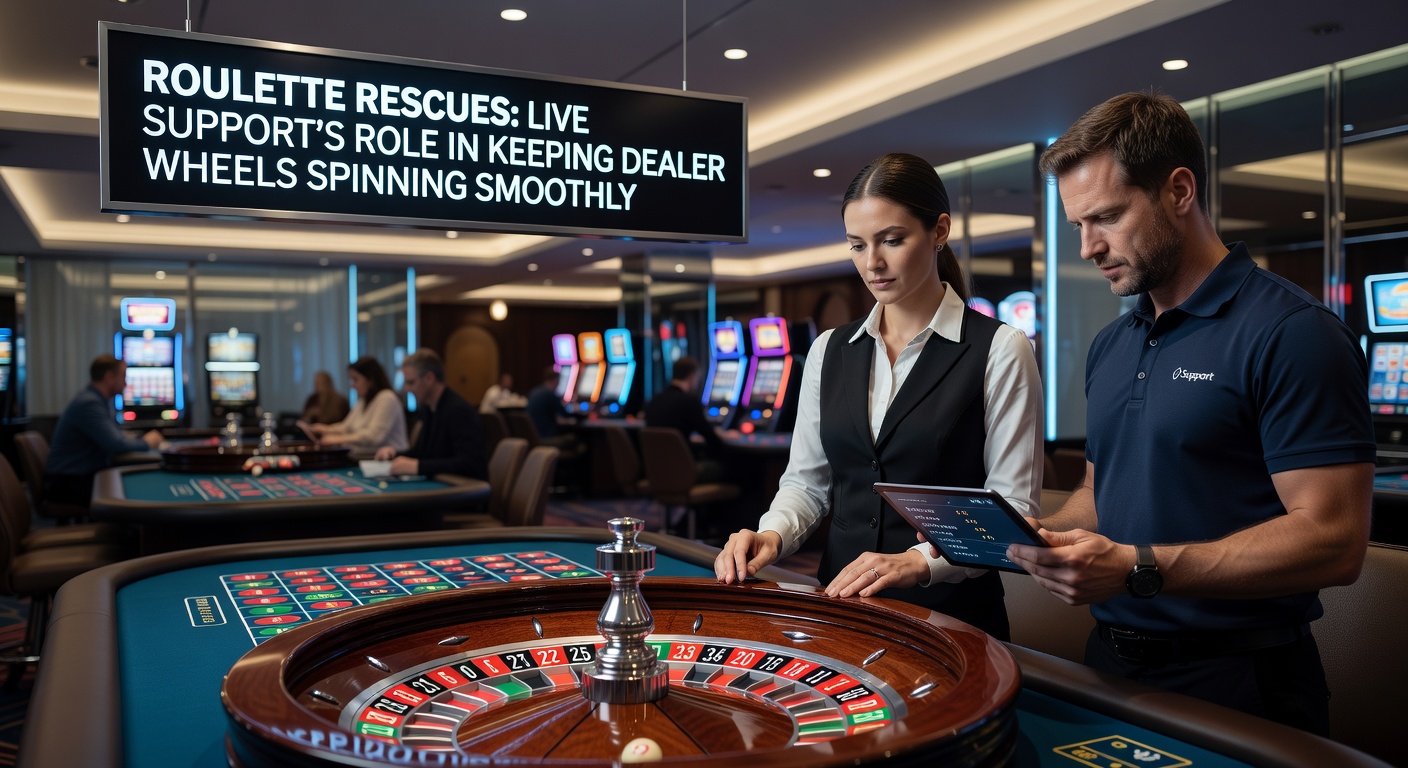 A live roulette dealer at a high-tech studio, wheel spinning under bright lights while a support agent monitors screens in the background