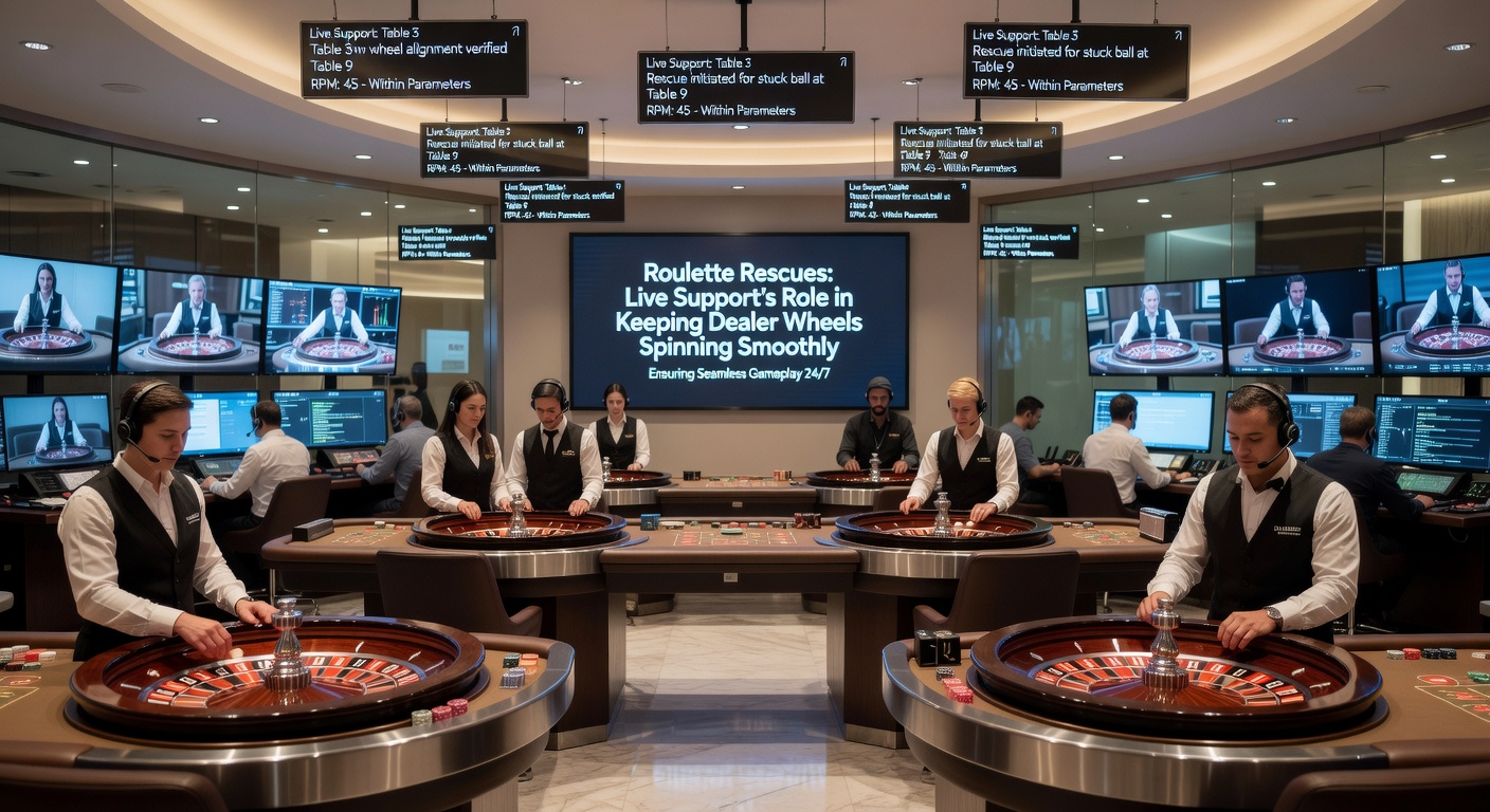 Support agents in a bustling control room, multiple screens showing live roulette feeds, chat windows, and diagnostic tools